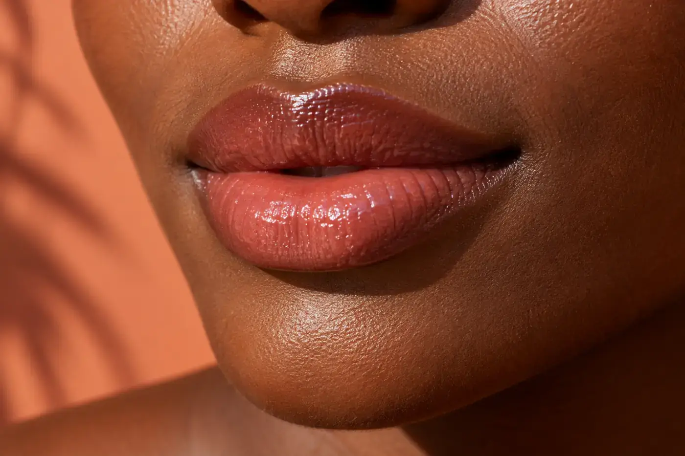 Warm lip colour and natural skin texture